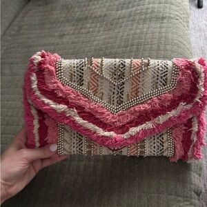 Pink and Cream Fringe Envelope Clutch